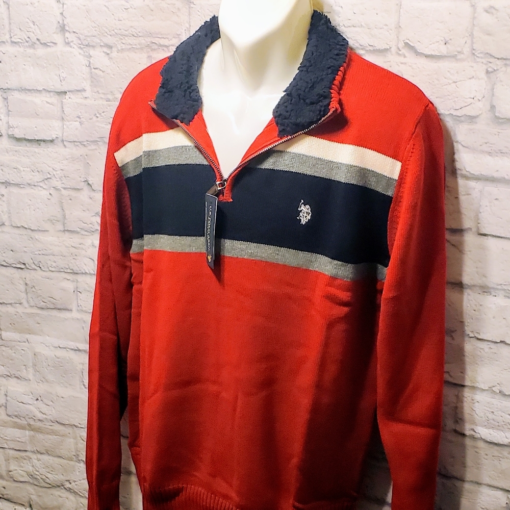 New! U.S. Polo Assn Mens Red Blue Striped Quarter 1/4 Zip Sweater | Size Large